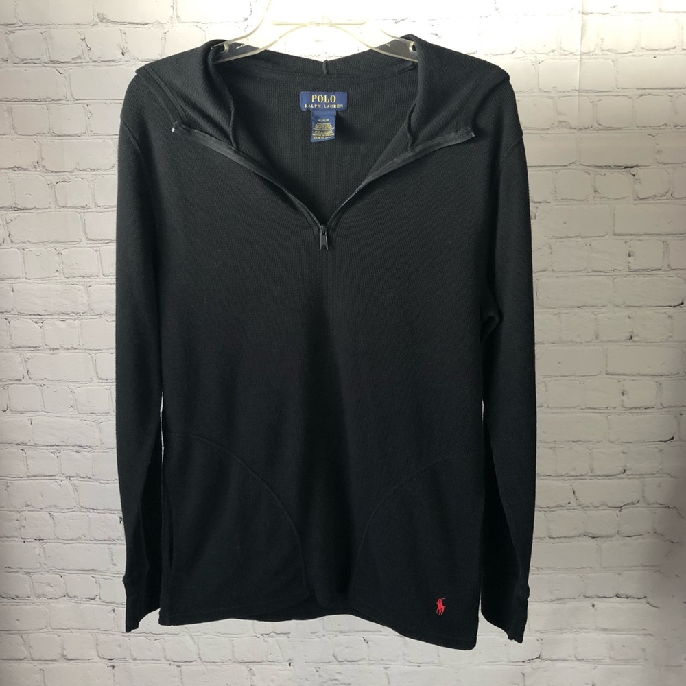 Men's Polo Ralph Lauren Black Waffle Knit Thermal Hoodie Pullover. Size Medium